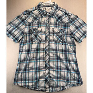 BKE Shirt Medium Men's Athletic Fit Blue Striped Plaid Pearl Snaps Western